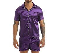 Nimiya Pyjama Homme Soie Ensemble Shirt à Manches Courtes en Satin Short Respirant Chemise boutonnée Haut avec Boxer Eté Nightwear M-3XL Violet XXL
