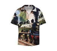 NImongt Chemise hawaïenne à manches courtes avec imprimé petit train à vapeur, classique, tendance, plage, vacances décontractées, Noir , 4XL