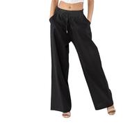 Nina Carter A001 Pantalon d'été léger et large pour femme en mélange de coton stretch, taille élastique, aéré et respirant, coupe ample, aspect lin, Noir (A001-26), L