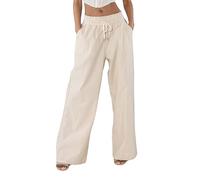 Nina Carter A001 Pantalon d'été léger et large pour femme en mélange de coton stretch, taille élastique, aéré et respirant, coupe ample, aspect lin, Beige (A001-74), M