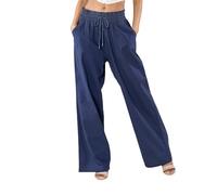 Nina Carter A001 Pantalon d'été léger et large pour femme en mélange de coton stretch, taille élastique, aéré et respirant, coupe ample, aspect lin, Marine (A001-25), S