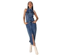 Nina Carter S537 Robe chemise longue dos nu avec fente en jean stretch aspect usé, Bleu (S537), M