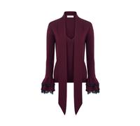 Nina Ricci - Pull à col en V avec bordures en dentelle et poignets à volants - Femme - Pulls - Rouge - Taille: 38 FR