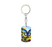 Ninainaid Porte-clés rectangulaire en métal imprimé tournesol bleu papillon résistant aux rayures, résistant à l'usure, ultra fin et portable ; porte-clés carré adapté pour les clés de voiture et de