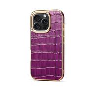 nincyee Étui de base en cuir véritable pour iPhone 16 Pro Max, motif crocodile de luxe plaqué cuir de vachette couverture complète antichoc coque de protection antichoc violet