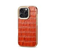 nincyee Étui de base en cuir véritable pour iPhone 16 Pro Max, motif crocodile de luxe plaqué cuir de vachette, couverture complète, coque de protection antichoc marron