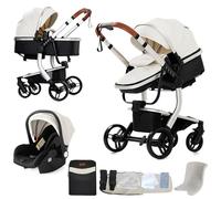 Nine point nine Cuir PU Poussette 3 en 1, Poussette Bebe avec Double Modes de Poussée Réversibles, Poussette Canne avec Grande Nacelle Confortable, Pousettes Cadre Aluminium Haute Paysage (B518 White)