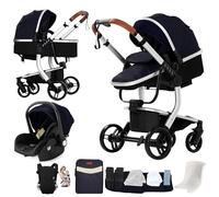 Nine point nine Cuir PU Poussette 3 en 1, Poussette Bebe avec Double Modes de Poussée Réversibles, Poussette Canne avec Nacelle Confortable, Pousettes Cadre Aluminium Haute Paysage (L518 Silver Blue)