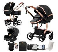 Nine point nine Cuir PU Poussette 3 en 1, Poussette Bebe avec Double Modes de Poussée Réversibles, Poussette Canne avec Grande Nacelle Confortable, Pousettes Cadre Aluminium Haute Paysage (L518 Black)
