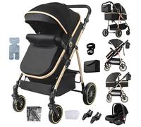 Nine point nine Poussette 3 en 1, Poussette Bebe avec Double Modes de Poussée Réversibles, Pousette Canne Grande Confortable, Pousette avec Cadre Aluminium Haute Paysage (V8 Black Gold)