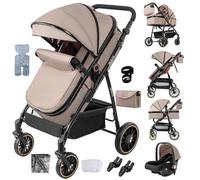 Nine point nine Poussette 3 en 1, Poussette Bebe avec Double Modes de Poussée Réversibles, Pousette Canne Grande Confortable, Pousette avec Cadre Aluminium Haute Paysage (V8 Khaki)