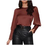 Ninedayx Haut à manches longues en satin pour femme - Haut d'été pour femme - Vêtements pour femme - Haut grande taille pour femme - Couleur unie - Pull à manches évêque, A31 Café, L