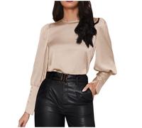 Ninedayx Haut à manches longues en satin pour femme - Haut d'été pour femme - Vêtements pour femme - Haut grande taille pour femme - Couleur unie - Pull à manches évêque, A31 Beige, XL