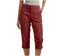 Ninedayx Pantacourt ample d'été pour femme - Pantalon cargo de travail 3/4 - Longueur unie - Pantalon de marche extensible - Pour yoga, gym, salon - Pantalon ample à boutons avec poches, A1 Wine, M