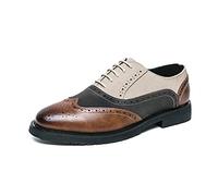 Ninepointninetynine Chaussures habillées for Hommes à Lacets Bicolores Patchwork Richelieu en Cuir PU gaufré antidérapant Talon Bloc Bas Haut antidérapant antidérapant Classique (Color : White Brown