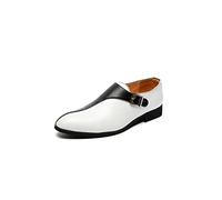 Ninepointninetynine Chaussures Oxford formelles pour homme à enfiler avec sangle moine bicolore patchwork en cuir synthétique - Chaussures basses antidérapantes à talon bloc d'extérieur, noir/blanc,