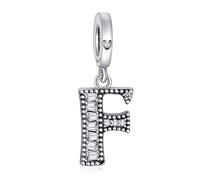 NINGAN 925 Pendentif Lettre En Argent Sterling A-Z Charm Pendentif Convient Pour Les Femmes Bracelet Collier Brillant 5a Perles De Zirconium CarréEs Cadeau D'Anniversaire（F）