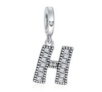 NINGAN 925 Pendentif Lettre En Argent Sterling A-Z Charm Pendentif Convient Pour Les Femmes Bracelet Collier Brillant 5a Perles De Zirconium CarréEs Cadeau D'Anniversaire（H）