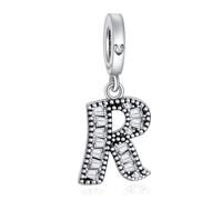 NINGAN 925 Pendentif Lettre En Argent Sterling A-Z Charm Pendentif Convient Pour Les Femmes Bracelet Collier Brillant 5a Perles De Zirconium CarréEs Cadeau D'Anniversaire（R）