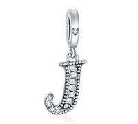 NINGAN 925 Pendentif Lettre En Argent Sterling A-Z Charm Pendentif Convient Pour Les Femmes Bracelet Collier Brillant 5a Perles De Zirconium CarréEs Cadeau D'Anniversaire（J）