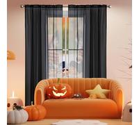 NINGBAI 2 Pièce Rideau Voilage 240 x 240 cm Draperies Voile en Lin Effet Demi Transparent Filtrant La Lumière Rideaux Transparents Élégants pour Chambre Fenêtre Salon Coucher, Noir