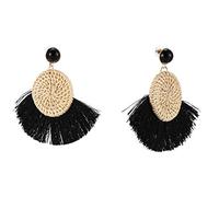 Niniang Fait Par La Main Paille Festonnée Ronde Boucles D'oreilles Pompon Dames Rotin Tissé Boucles D'oreilles Pompon, Noir
