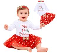 Ninivi Robe Noel Bebe, Tenue Noel Bebe Fille, Mon Premier Noels Ensemble, Pyjama Noels Bebé, Robe de Noël Bébé Fille Body + Tutu + Bandeau Nouveau-né Costume Noël bébé 0-3 Mois