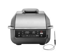 Ninja 5-en-1 Grill d’intérieur et friteuse sans huile, 5 modes, cuit jusqu’à 4 hamburgers, capacité 5,7 l, faible dégagement de fumée, thermomètre à viande numérique inclus, Noir/Argent, EG351EU