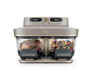 Ninja CRISPi DualZone Air fryer en verre 2 paniers, 8 modes de cuisson, cuisson simultanée de deux aliments, contenants en verre sans PFAS, couvercles de conservation compris, Pierre/Or DD103EUSD1