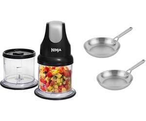 Ninja Express Chop Mini-hachoir électrique à herbes et légumes, pour hacher, émincer NJ1002EUBK + Ninja EverClad Ensemble de batterie de cuisine 2 poêles en acier inoxydable, C92000EUI