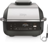 Ninja 5-en-1 Grill d’intérieur et friteuse sans huile, 5 modes, cuit jusqu’à 4 hamburgers, capacité 5,7 l, faible dégagement de fumée, thermomètre à viande numérique inclus, Noir/Argent, EG351EU