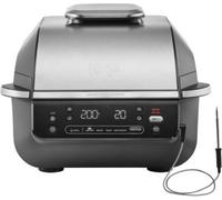 Ninja 5-en-1 Grill d’intérieur et friteuse sans huile, 5 modes, cuit jusqu’à 4 hamburgers, capacité 5,7 l, faible dégagement de fumée, thermomètre à viande numérique inclus, Noir/Argent, EG351EU