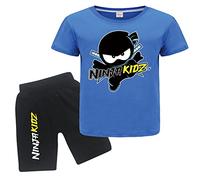 Ninja Kidz Ensemble de 2 t-shirts et shorts d'été 100 % coton pour garçons et filles, bleu, 7-8 ans