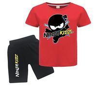 Ninja Kidz Ensemble de 2 t-shirts et shorts d'été 100 % coton pour garçons et filles, Rouge, 7-8 ans