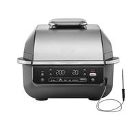 Ninja 5-en-1 Grill d’intérieur et friteuse sans huile, 5 modes, cuit jusqu’à 4 hamburgers, capacité 5,7 l, faible dégagement de fumée, thermomètre à viande numérique inclus, Noir/Argent, EG351EU