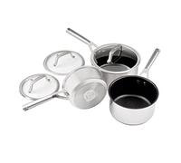 Ninja ZEROSTICK Batterie de cuisine 3 pièces en acier inoxydable avec couvercles en verre, longue durée, casseroles antiadhésives (16, 18 et 20 cm), compatible induction, passe au four jusqu'à 260 °C