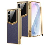 NINKI Étui fin en cuir plaqué pour Samsung Galaxy Z Fold 8 Ultra avec stylet et porte-stylo, protection d'écran intégrée, charnière, étui de téléphone fin avec porte-stylo S - Bleu