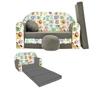 Mon Mobilier Design Nino Canapé Convertible lit pour Enfant avec Pouf et Coussin Oeko-TEX Animaux Gris