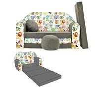 NINO Canapé-lit enfant avec pouf et coussin OEKO-TEX Animaux gris | Deux places, couchage 160 cm, structure 100 % mousse et housses lavables à 30 °C. Léger et modulable jusqu'à 6 ans.