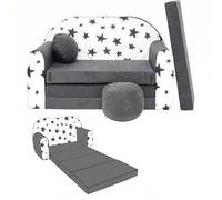 NINO Canapé-lit enfant avec pouf et coussin OEKO-TEX Étoiles gris | Deux places, couchage 160 cm, structure 100 % mousse et housses lavables à 30 °C. Léger et modulable jusqu'à 6 ans.