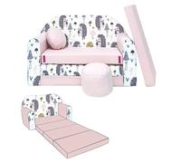 NINO Canapé-lit enfant avec pouf et coussin OEKO-TEX Hérissons rose clair | Deux places, couchage 160 cm, structure 100 % mousse et housses lavables à 30 °C. Léger et modulable jusqu'à 6 ans.