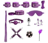 Ninonly Kit de Bondage pour Couples,12 Pièces avec Menottes,Bracelets de Cheville,Collier,Bandeau,Pince à Sein,Bâillon,Fouet,Plumeau,Boucle Croisée Accessoires de Fête et de Cosplay Violet
