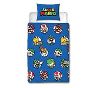 Nintendo Super Mario Parure de lit Simple avec Housse de Couette réversible Bleu avec taie d'oreiller Assortie