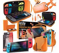 Orzly Nintendo Switch Accessoire, Pack de (Étui Rigide pour Switch, Protecteurs d'écran en Verre Trempé, Câble Type C, Coque Comfort Grip, Écouteur, Stylo, Boite de Jeux) Orange