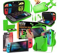 Orzly Nintendo Switch Accessoire, Pack de (Étui Rigide pour Switch, Protecteurs d'écran en Verre Trempé, Câble Type C, Coque Comfort Grip, Écouteur, Stylo, Boite de Jeux) Vert