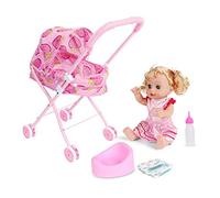 NIOMICO Baby Doll Polller Pliable Pram Gift Set avec bébé Doll Cartoon Printing Design Postoller avec Cadeau pour poupées 4pcs (Cardiaque)
