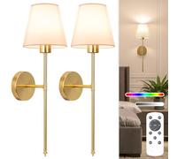 NIORSUN Battery Operated Wall Sconce Set of 2,Gold Rechargeable Wall Lights with 5200mAh Dimmable Detachable Bulbs and Remote,10 Colors Wireless Sconces for Bedroom Living Room Hallway