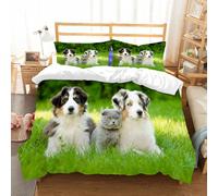 NIOYNJIS L'ensemble de literie est composé à 100% Microfibres de Haute qualité, 2 couvercles d'oreiller,Deux Chiots Berger Australien et Un Chat écossais couchés sur l'herbe Verte,200x228cm