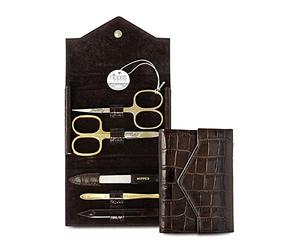 nippes Solingen Kit de manucure Croco 5 pièces, nickelé et plaqué or, kit de soin des ongles en cuir de vachette au design croco, manucure pédicure fabriqué en Allemagne