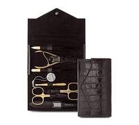 Nippes Solingen Set de manucure Croco 7 pièces avec instruments plaqués or, étui en cuir de vachette véritable avec bouton pression, mamelons Premium Line marron foncé plaqué or